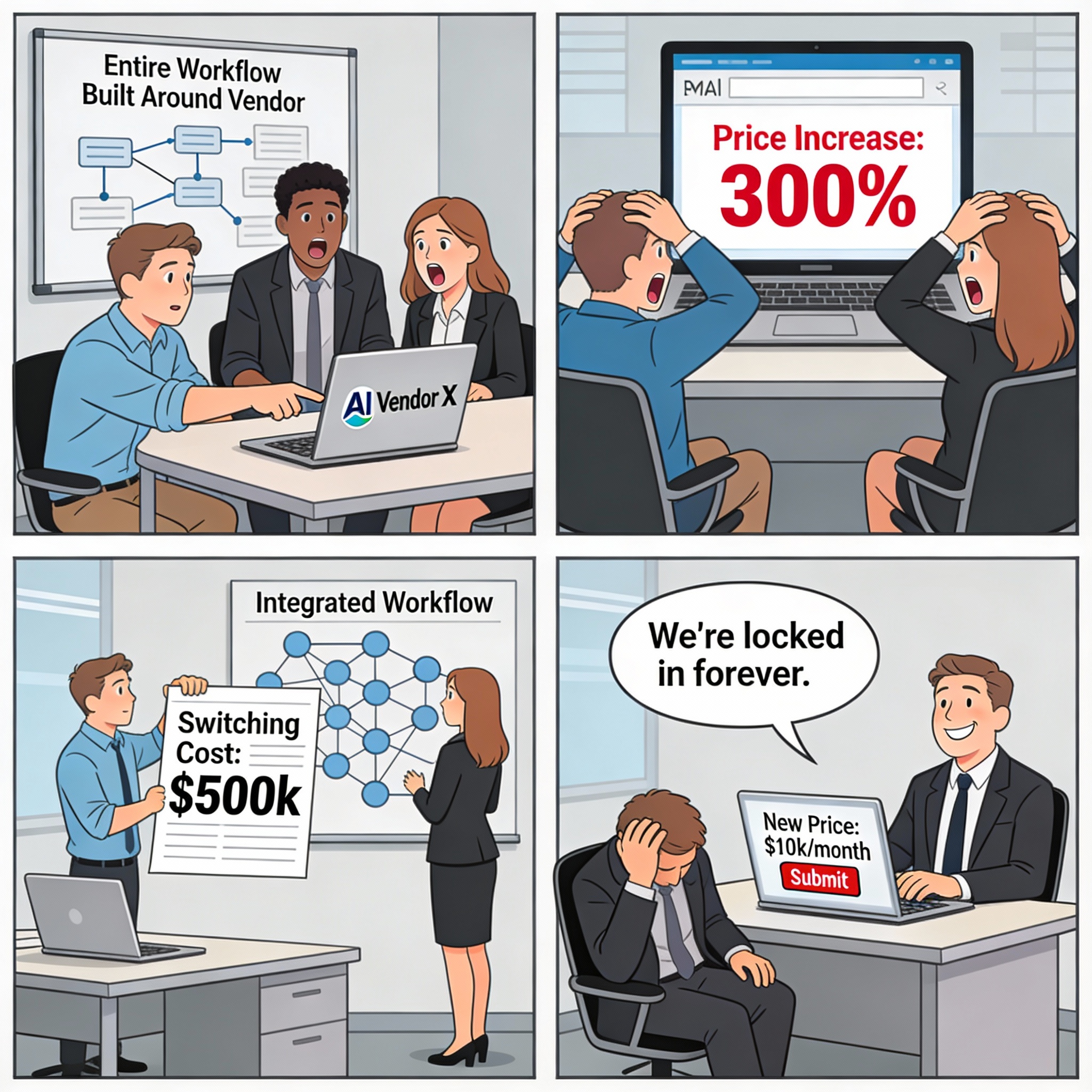 Company chooses AI vendor and builds entire workflow around it. Vendor raises prices dramatically. Company trapped. Company considers switching vendors but workflow too integrated. Switching costs too high.