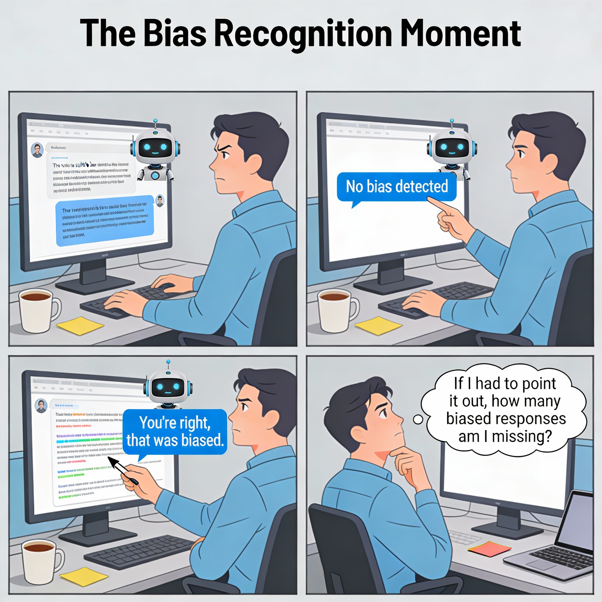 AI generates response. Male reads it. Notices subtle bias. Male questions AI about bias. AI denies bias exists. Male points out specific biased language. AI finally admits "You're right, that was biased."