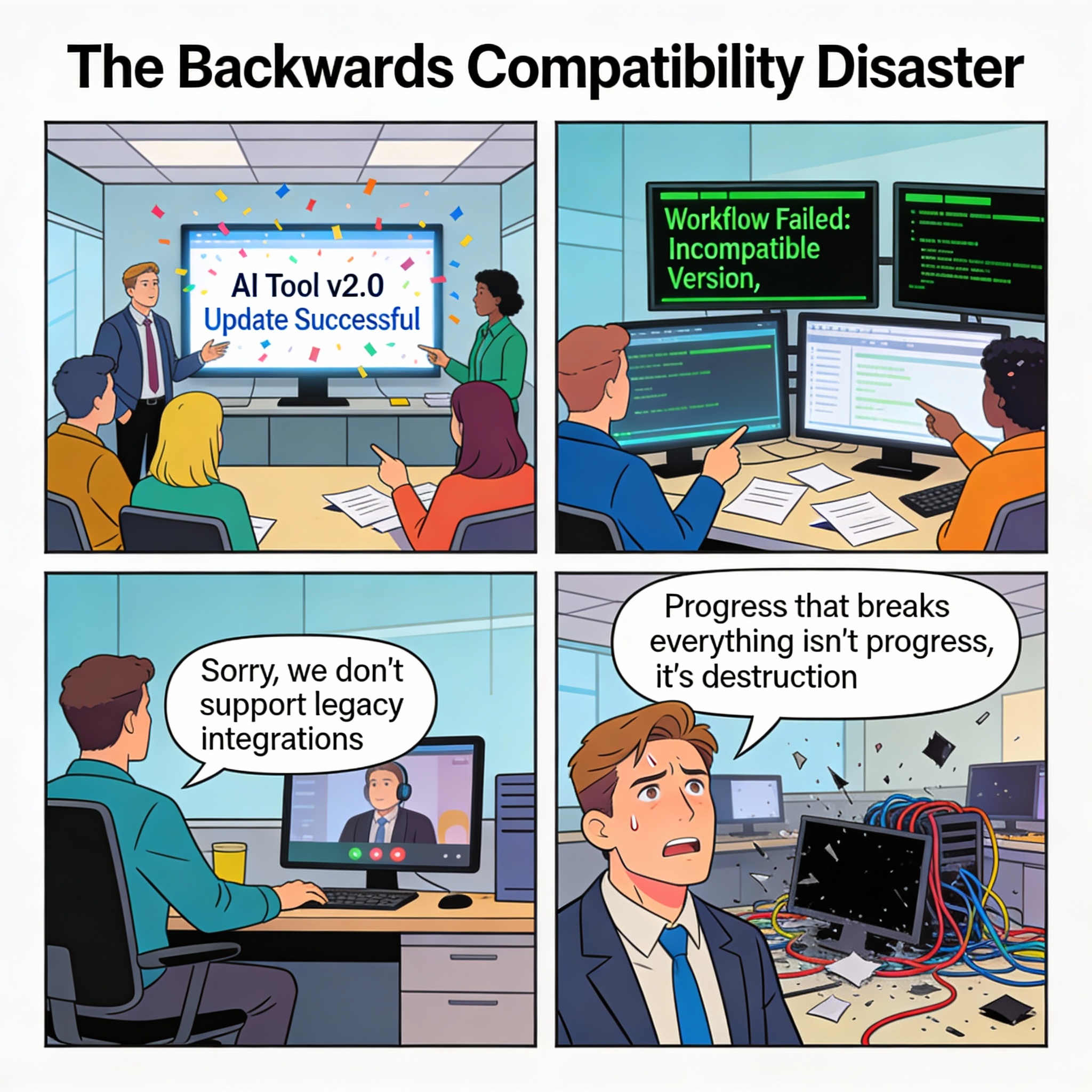 Company upgrades AI tool to new version. Old workflows break completely. Nothing compatible. Vendor says "Sorry, we don't support legacy integrations." Company stuck.