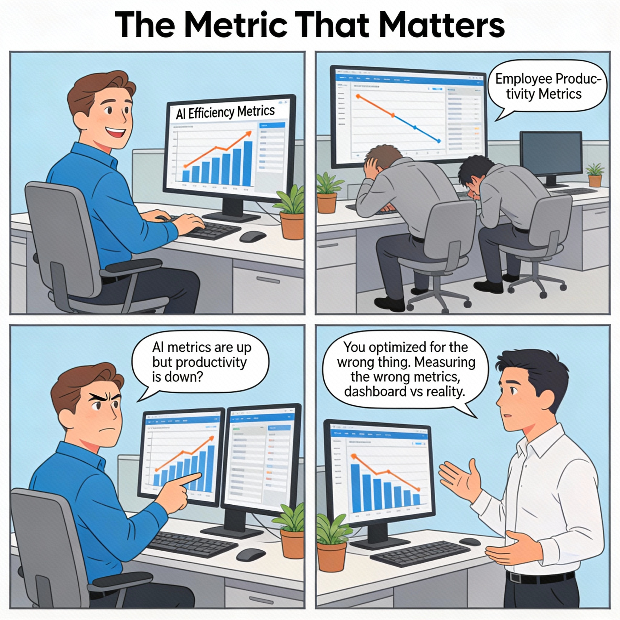Manager tracks AI efficiency metrics. Looks great on dashboard. Actual employee productivity metrics going down. Employees stressed and overworked. Manager confused "AI metrics are up but productivity is down?"