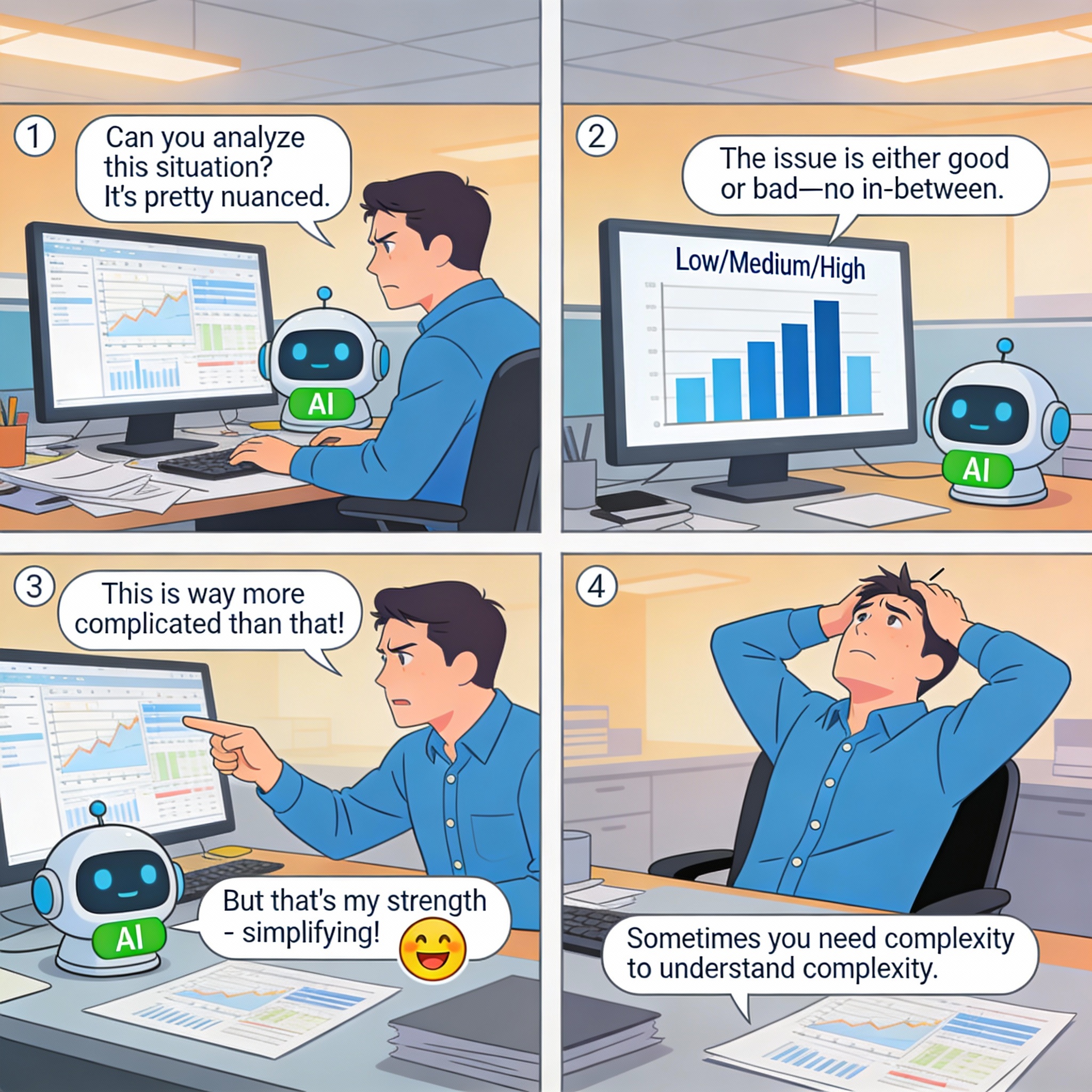 Complex situation requiring nuanced understanding. Male asks AI for analysis. AI reduces complex issue to oversimplified response. Missing all nuance. Male explains "This is way more complicated than that."
