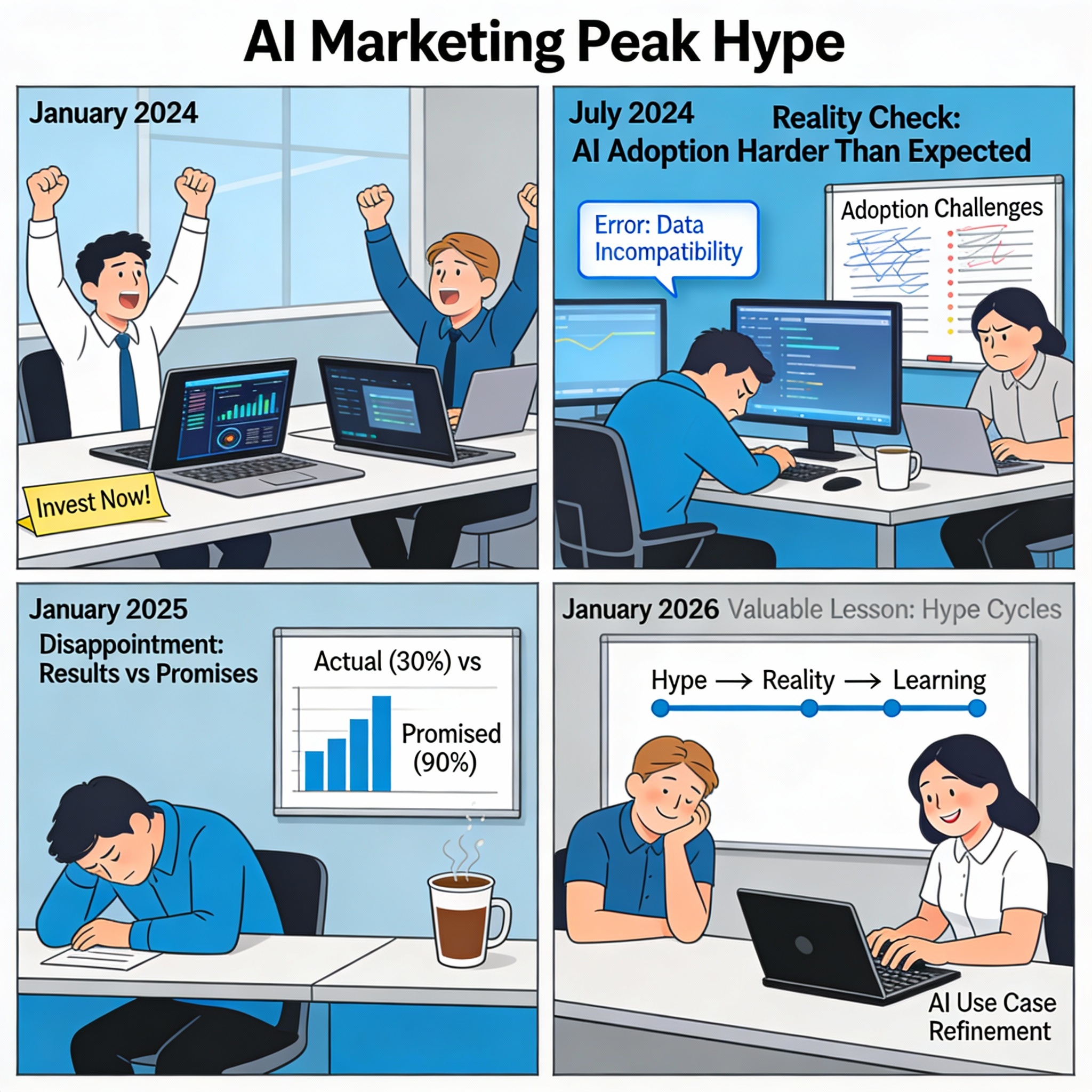 January 2024 - AI marketing at peak hype. Everyone excited and investing. July 2024 - Reality sets in. AI adoption harder than expected. January 2025 - Disappointed with actual results. January 2026 - Everyone learned valuable lesson about hype cycles.
