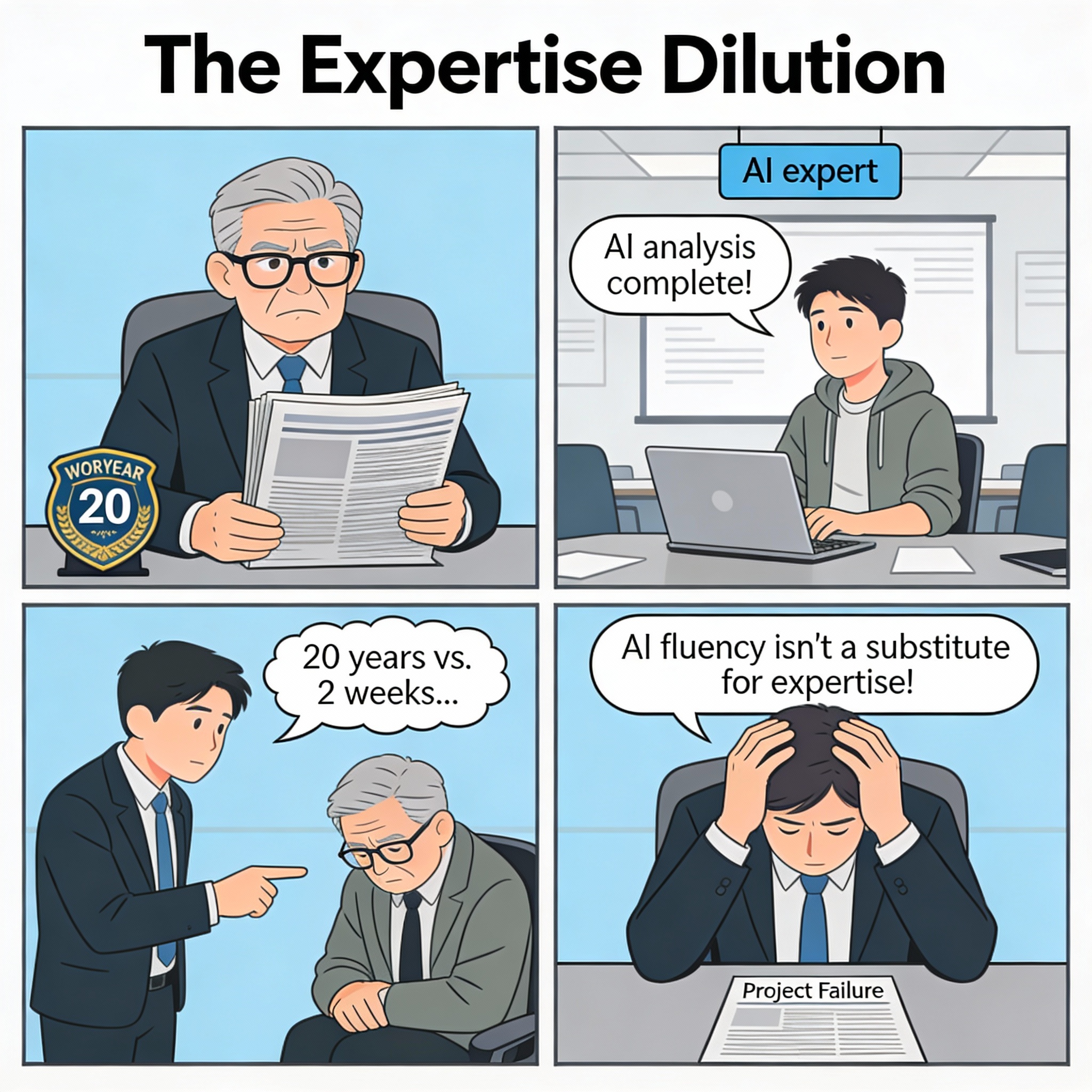 Senior expert in field with 20 years experience. Junior employee with 2 weeks using AI becomes "expert" in eyes of management. Junior trusted over senior because "AI-fluent." Project fails because junior lacked actual domain expertise.