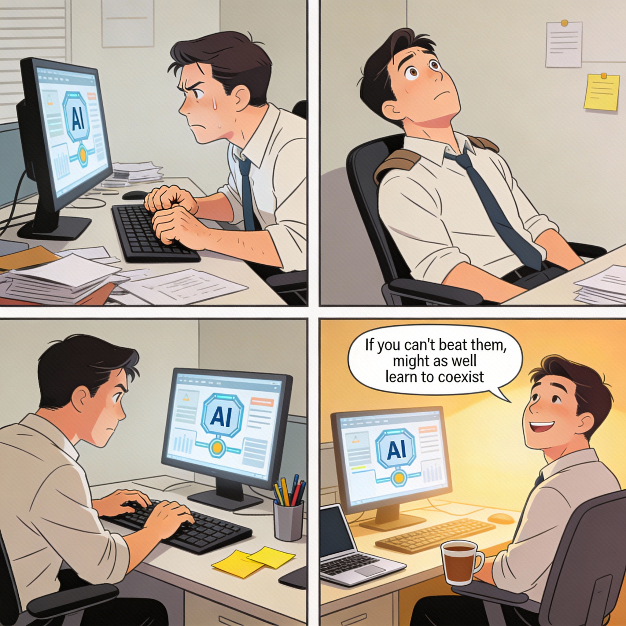 Male using AI tool at work, stressed and frustrated. Realizes AI adoption isn't going away. Accepts it. Stops fighting it. Learns to work with AI pragmatically. At peace "If you can't beat them, might as well learn to coexist."
